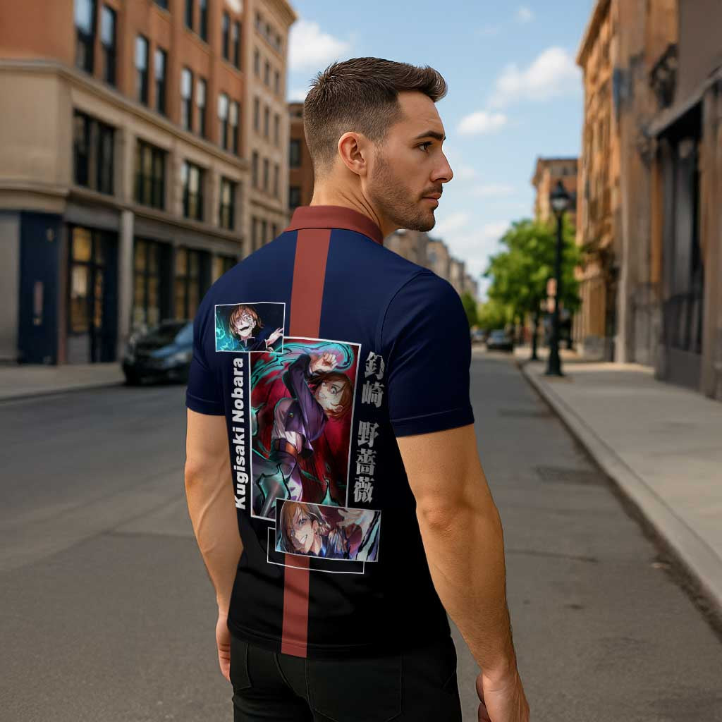 Nobara Kugisaki from Jujutsu Kaisen Zipper Polo Shirt with Dark Blue and Red Background and Multiple Poses Design - The Mazicc
