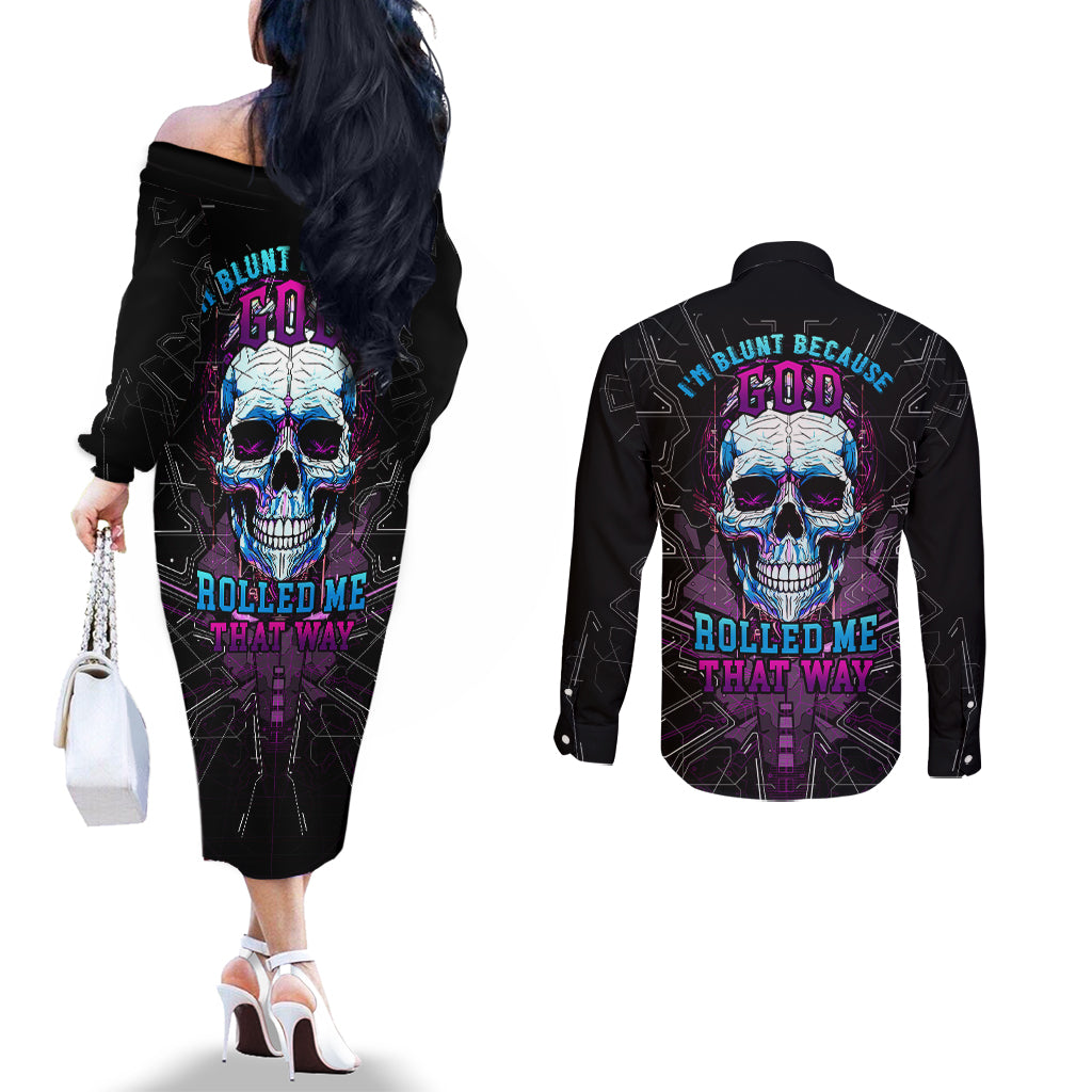 technology-skull-couples-matching-off-the-shoulder-long-sleeve-dress-and-long-sleeve-button-shirts-im-blunt-because-god-rolled-me-that-way