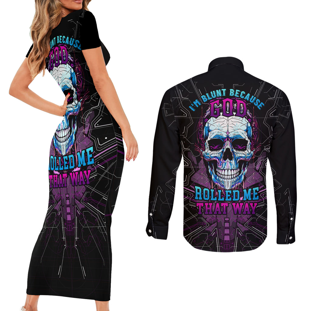 technology-skull-couples-matching-short-sleeve-bodycon-dress-and-long-sleeve-button-shirts-im-blunt-because-god-rolled-me-that-way