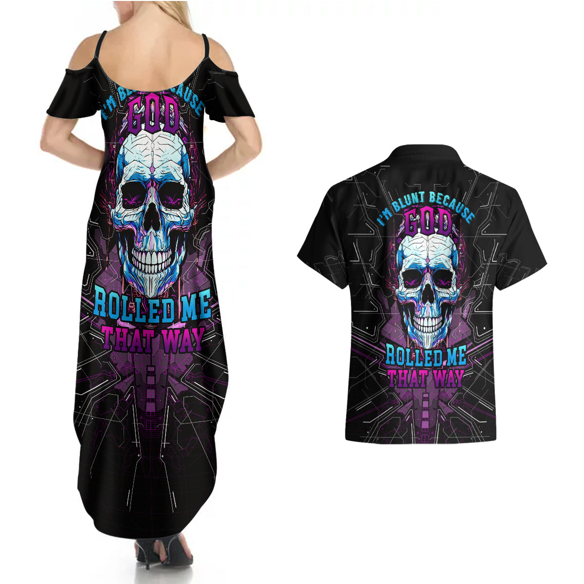 technology-skull-couples-matching-summer-maxi-dress-and-hawaiian-shirt-im-blunt-because-god-rolled-me-that-way
