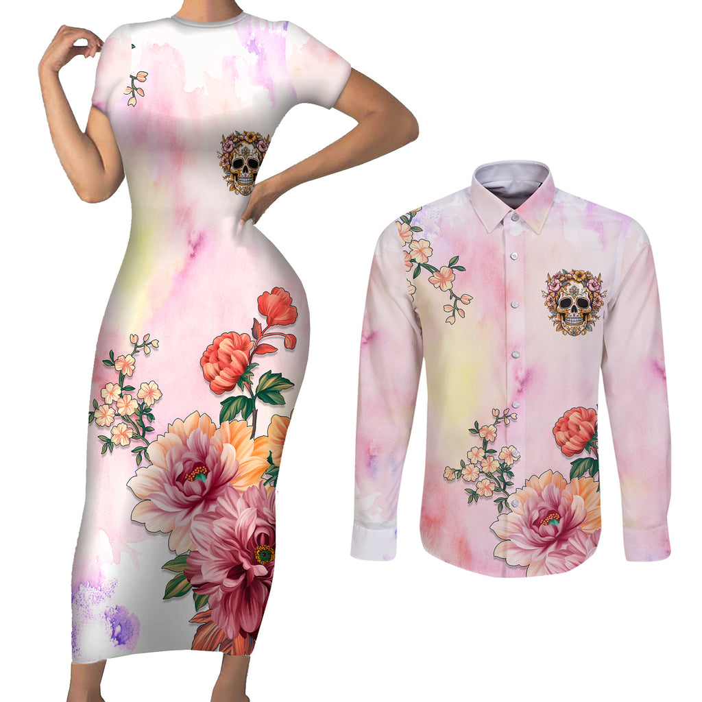 flower-skull-couples-matching-short-sleeve-bodycon-dress-and-long-sleeve-button-shirts-she-is-sunshine-mixed-with-a-little-hurricane