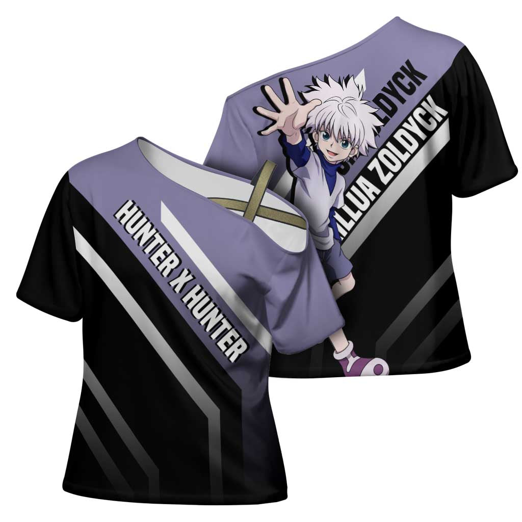 Killua Zoldyck Hunter x Hunter Cross Shoulder Shirt with Electric Aura and Action Pose Design - The Mazicc