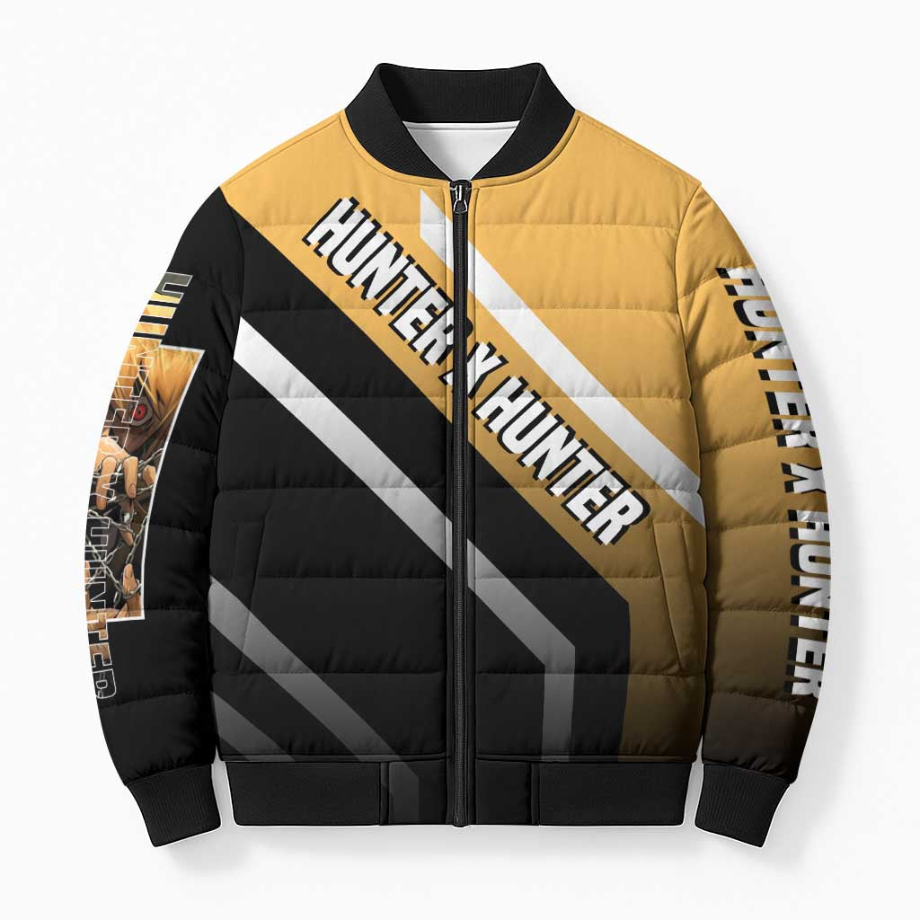 Kurapika Hunter x Hunter Bomber Puffer Jacket with Chain Weapon and Focused Battle Pose Design - The Mazicc