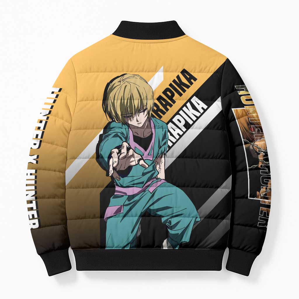 Kurapika Hunter x Hunter Bomber Puffer Jacket with Chain Weapon and Focused Battle Pose Design - The Mazicc