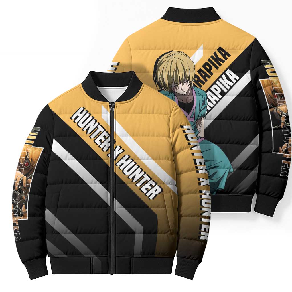Kurapika Hunter x Hunter Bomber Puffer Jacket with Chain Weapon and Focused Battle Pose Design - The Mazicc