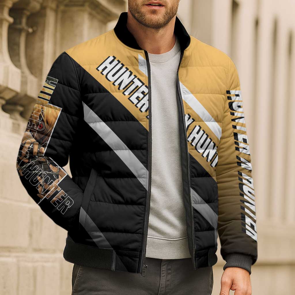 Kurapika Hunter x Hunter Bomber Puffer Jacket with Chain Weapon and Focused Battle Pose Design - The Mazicc