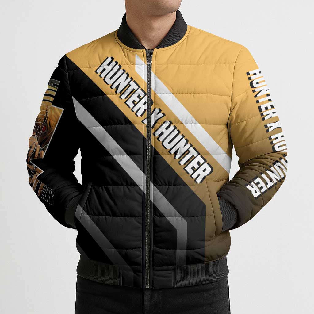 Kurapika Hunter x Hunter Bomber Puffer Jacket with Chain Weapon and Focused Battle Pose Design - The Mazicc