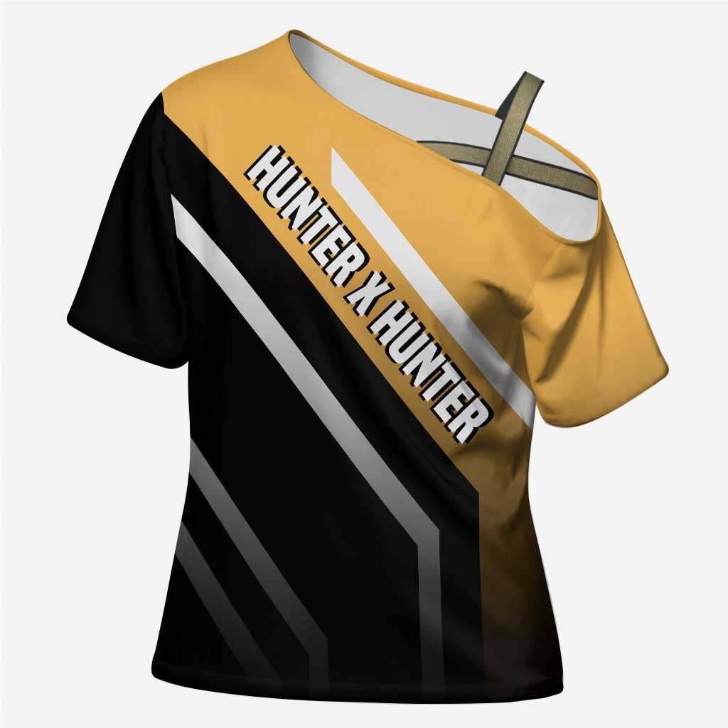 Kurapika Hunter x Hunter Cross Shoulder Shirt with Chain Weapon and Focused Battle Pose Design - The Mazicc