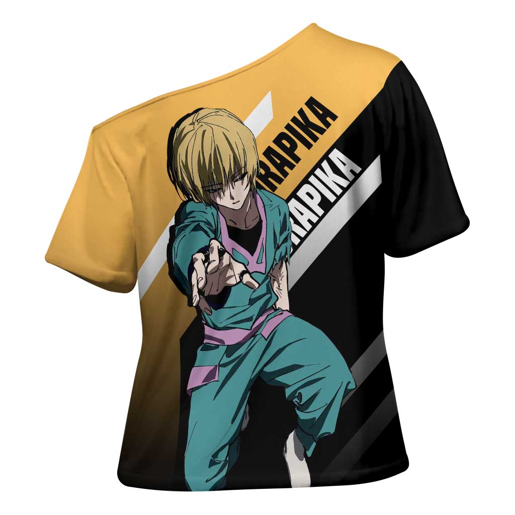 Kurapika Hunter x Hunter Cross Shoulder Shirt with Chain Weapon and Focused Battle Pose Design - The Mazicc