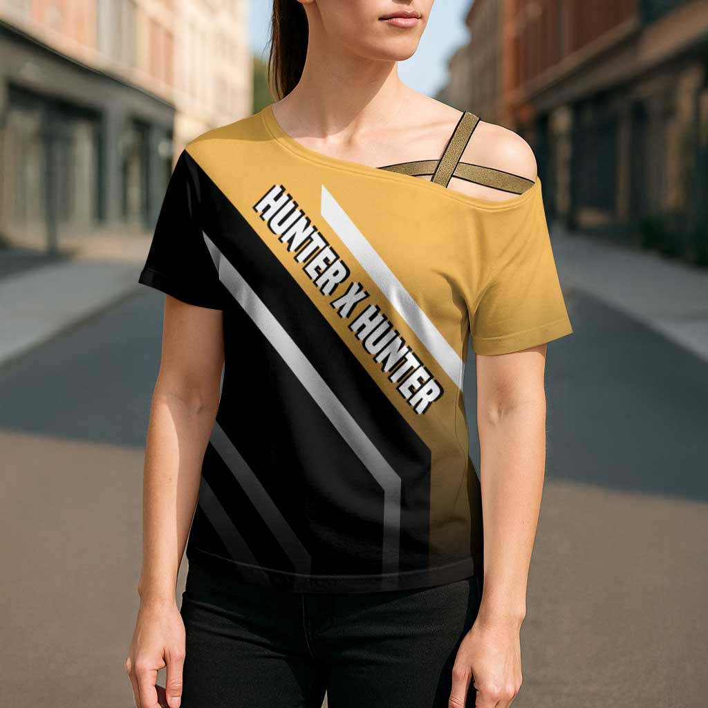 Kurapika Hunter x Hunter Cross Shoulder Shirt with Chain Weapon and Focused Battle Pose Design - The Mazicc