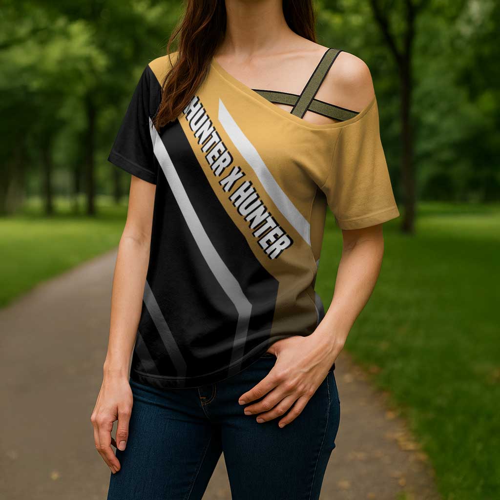 Kurapika Hunter x Hunter Cross Shoulder Shirt with Chain Weapon and Focused Battle Pose Design - The Mazicc