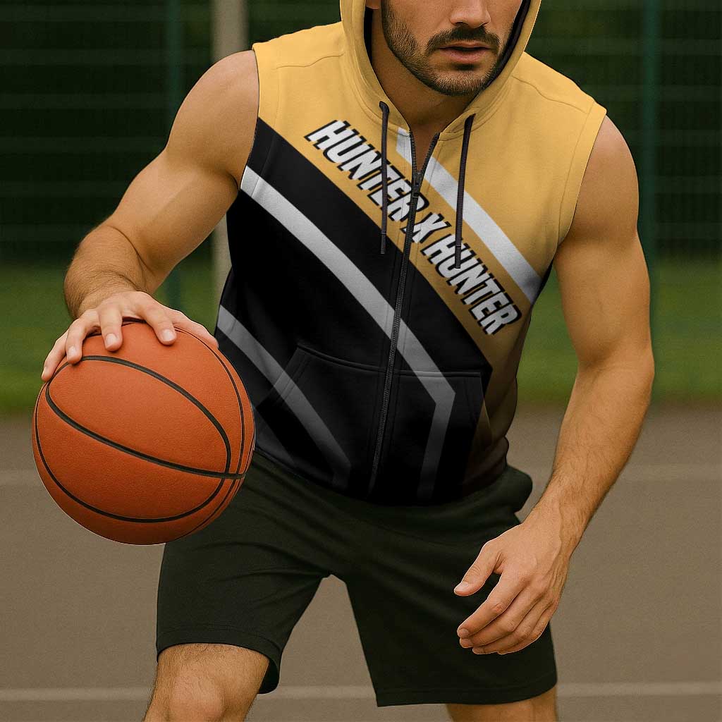 Kurapika Hunter x Hunter Sleeveless Zip Hoodie with Chain Weapon and Focused Battle Pose Design - The Mazicc