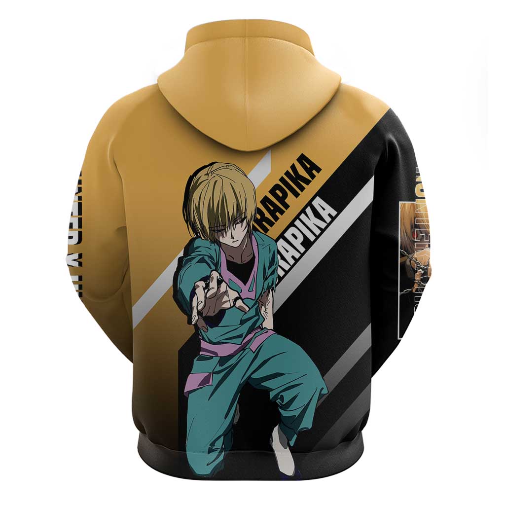 Kurapika Hunter x Hunter Zip Hoodie with Chain Weapon and Focused Battle Pose Design - The Mazicc