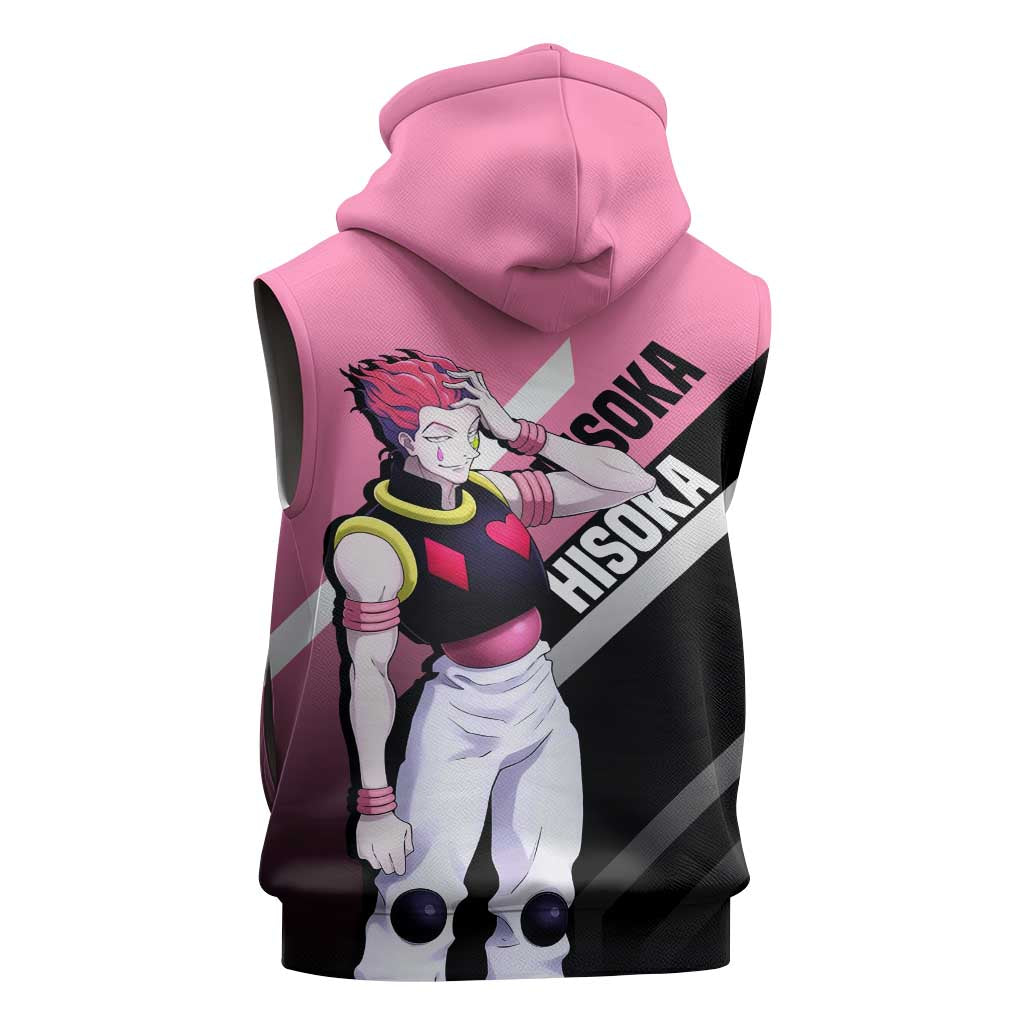 Hisoka Hunter x Hunter Sleeveless Hoodie with Playing Cards and Cunning Battle Pose Design - The Mazicc