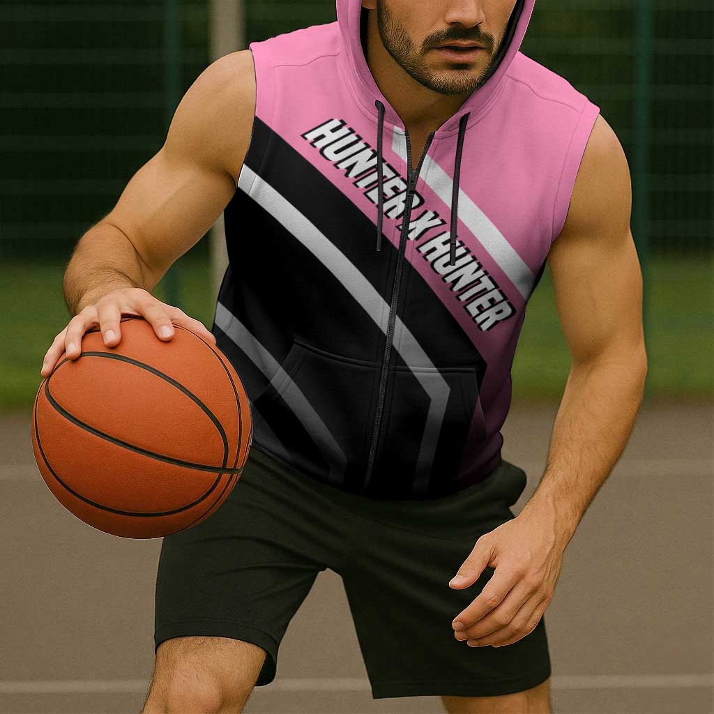 Hisoka Hunter x Hunter Sleeveless Zip Hoodie with Playing Cards and Cunning Battle Pose Design - The Mazicc