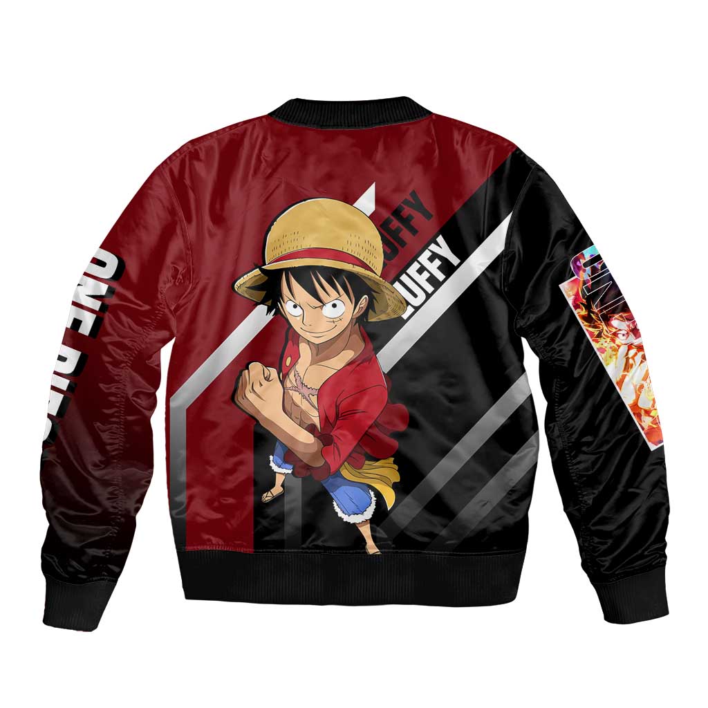 Monkey D. Luffy One Piece Bomber Jacket with Straw Hat and Action-Packed Pose Design - The Mazicc
