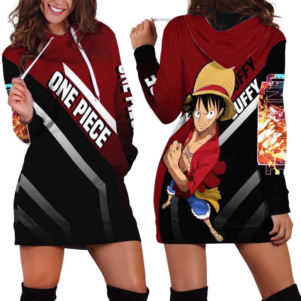 Monkey D. Luffy One Piece Hoodie Dress with Straw Hat and Action-Packed Pose Design - The Mazicc