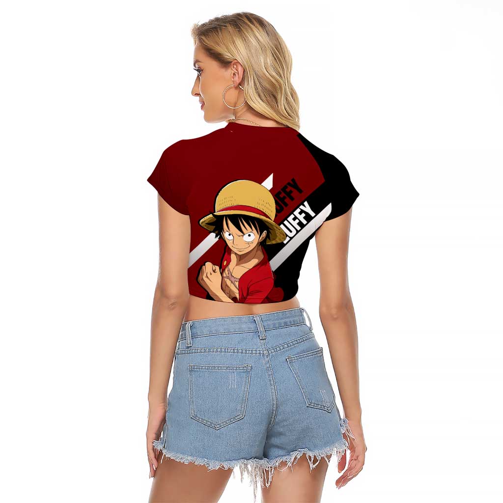 Monkey D. Luffy One Piece Raglan Cropped T Shirt with Straw Hat and Action-Packed Pose Design - The Mazicc