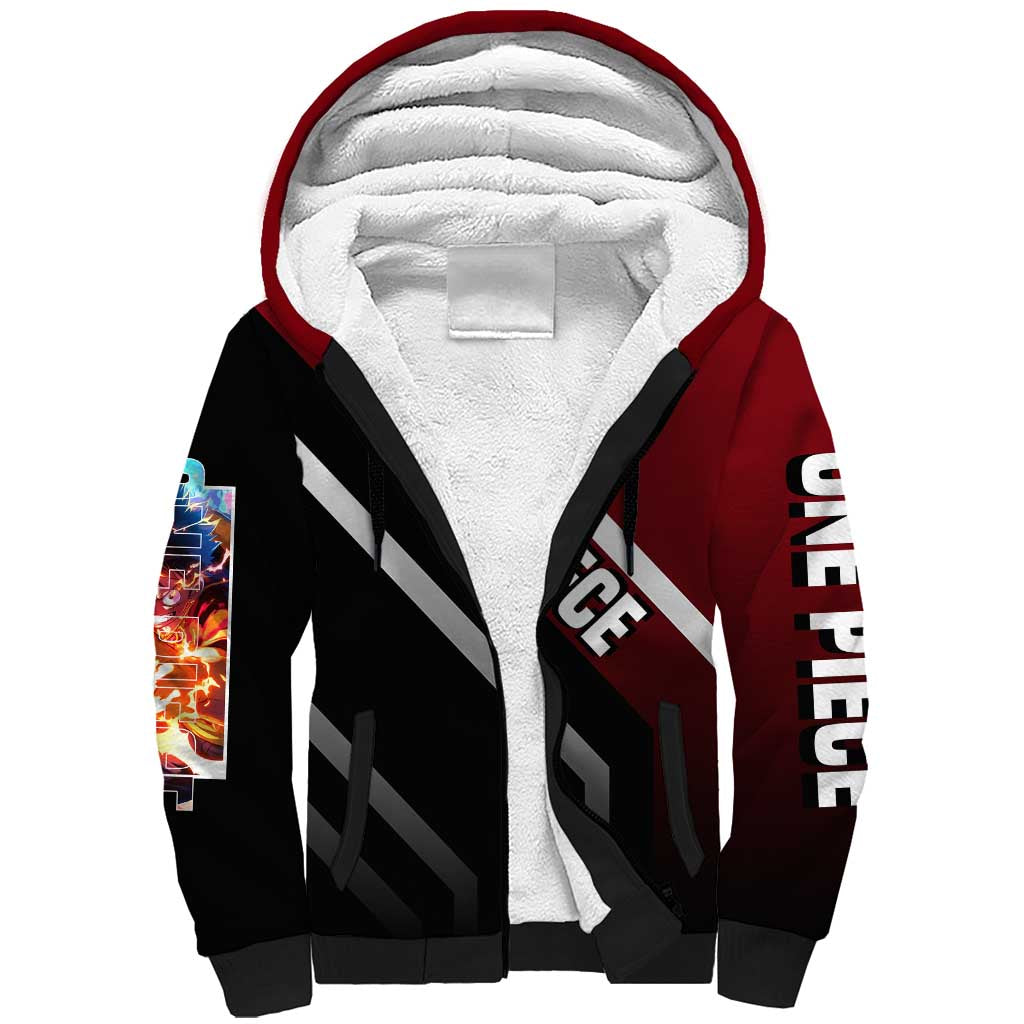 Monkey D. Luffy One Piece Sherpa Hoodie with Straw Hat and Action-Packed Pose Design - The Mazicc
