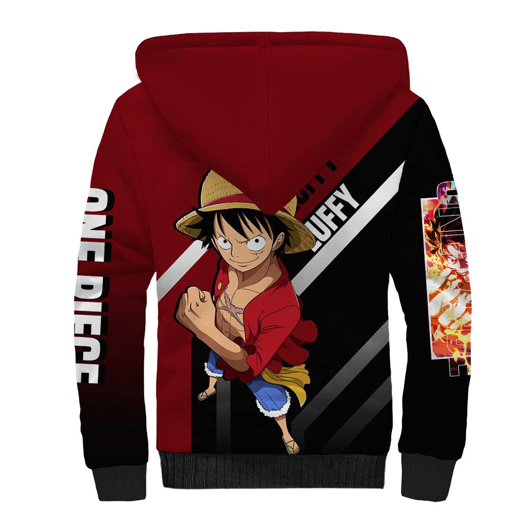 Monkey D. Luffy One Piece Sherpa Hoodie with Straw Hat and Action-Packed Pose Design - The Mazicc