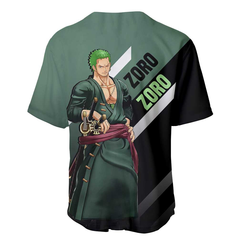 Roronoa Zoro One Piece Baseball Jersey with Swords and Fierce Battle Pose Design - The Mazicc