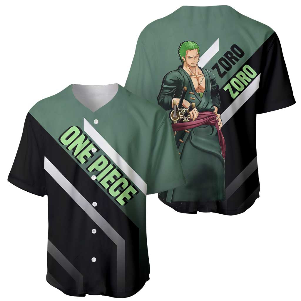 Roronoa Zoro One Piece Baseball Jersey with Swords and Fierce Battle Pose Design - The Mazicc