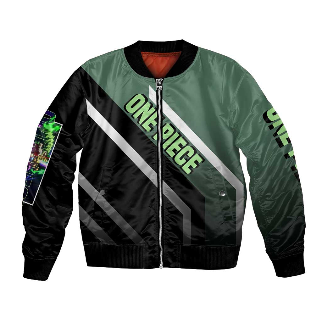 Roronoa Zoro One Piece Bomber Jacket with Swords and Fierce Battle Pose Design - The Mazicc