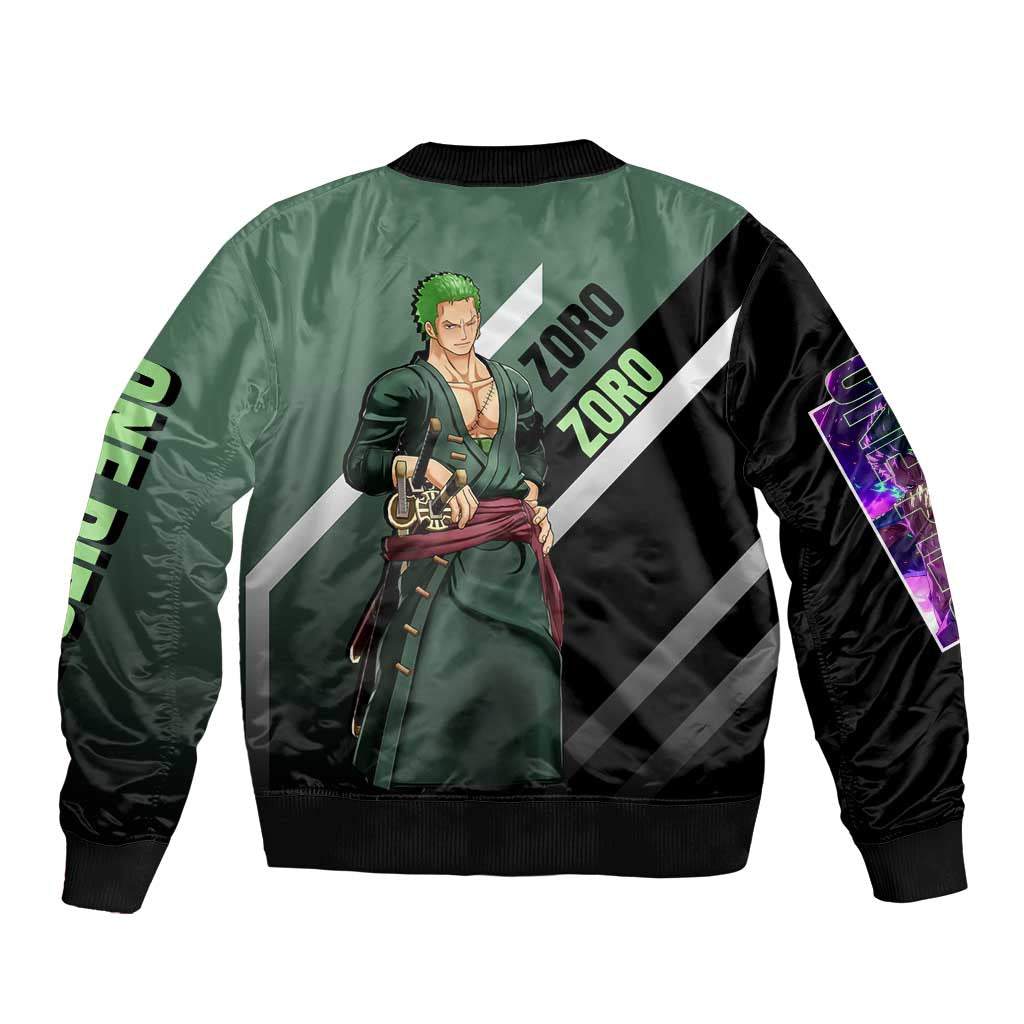 Roronoa Zoro One Piece Bomber Jacket with Swords and Fierce Battle Pose Design - The Mazicc