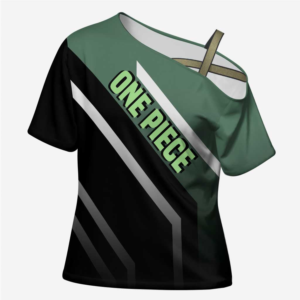 Roronoa Zoro One Piece Cross Shoulder Shirt with Swords and Fierce Battle Pose Design - The Mazicc