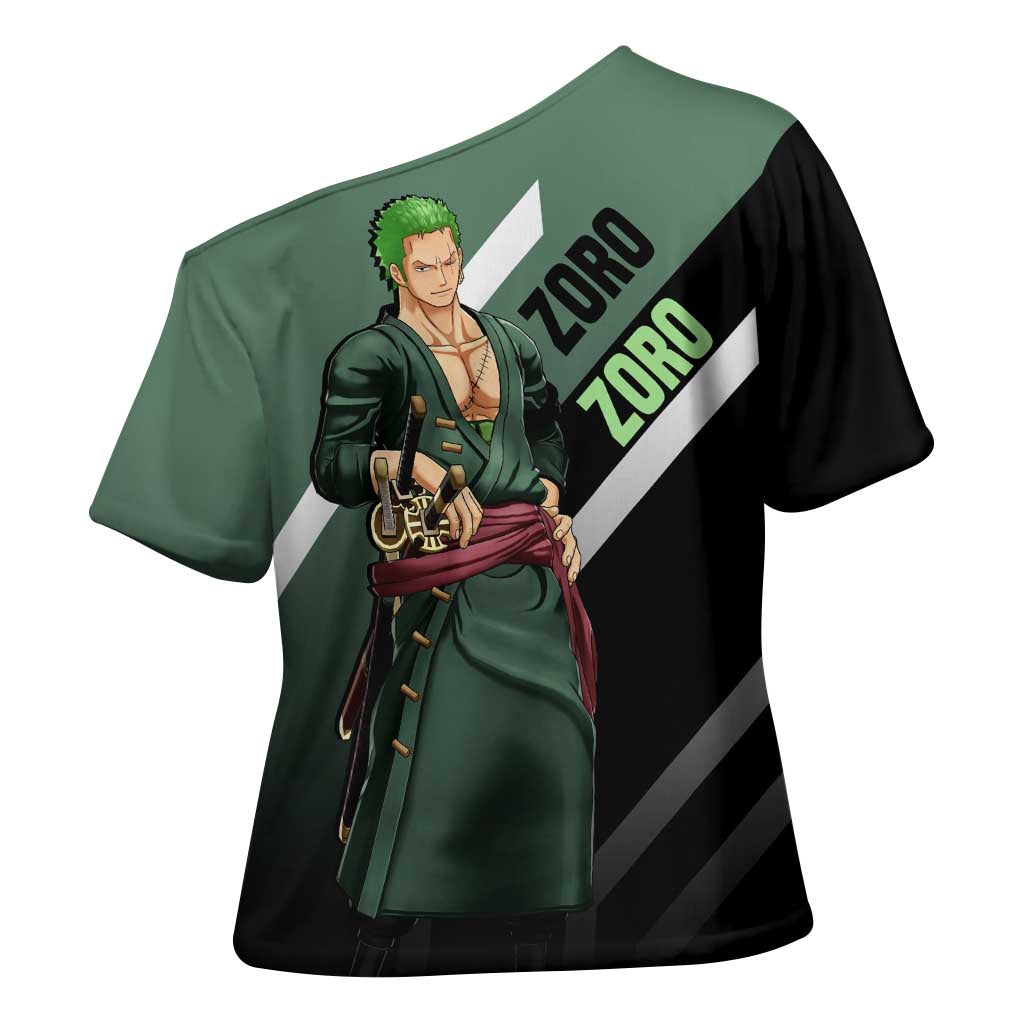 Roronoa Zoro One Piece Cross Shoulder Shirt with Swords and Fierce Battle Pose Design - The Mazicc