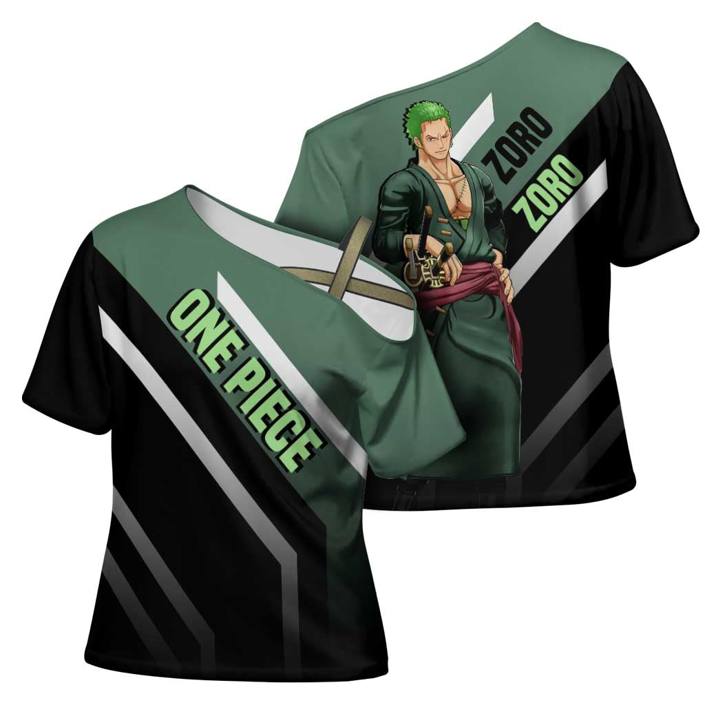 Roronoa Zoro One Piece Cross Shoulder Shirt with Swords and Fierce Battle Pose Design - The Mazicc