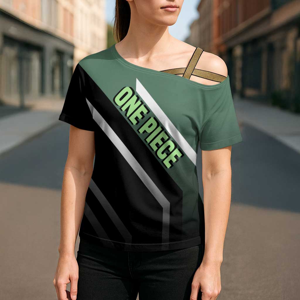 Roronoa Zoro One Piece Cross Shoulder Shirt with Swords and Fierce Battle Pose Design - The Mazicc