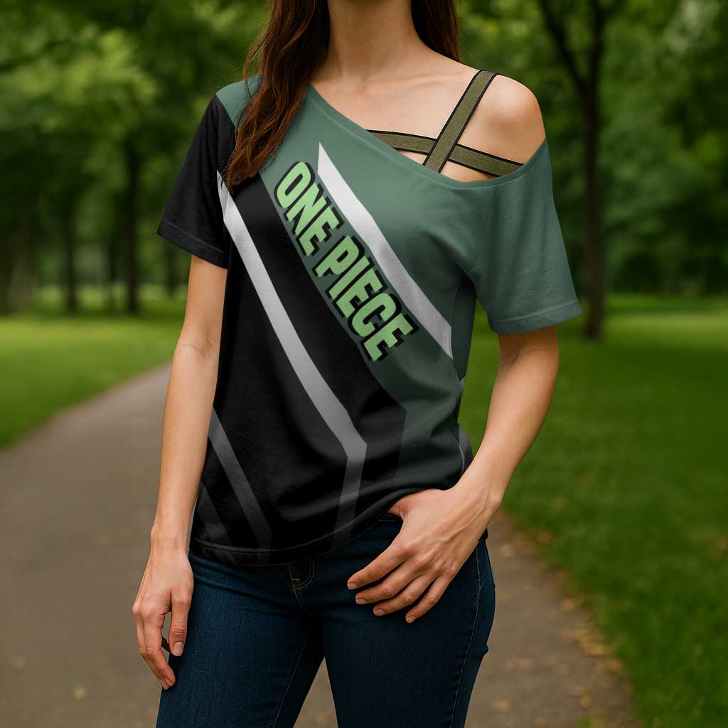 Roronoa Zoro One Piece Cross Shoulder Shirt with Swords and Fierce Battle Pose Design - The Mazicc