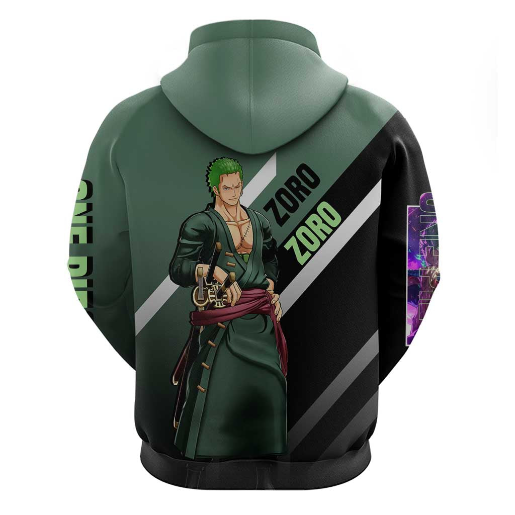 Roronoa Zoro One Piece Hoodie with Swords and Fierce Battle Pose Design - The Mazicc