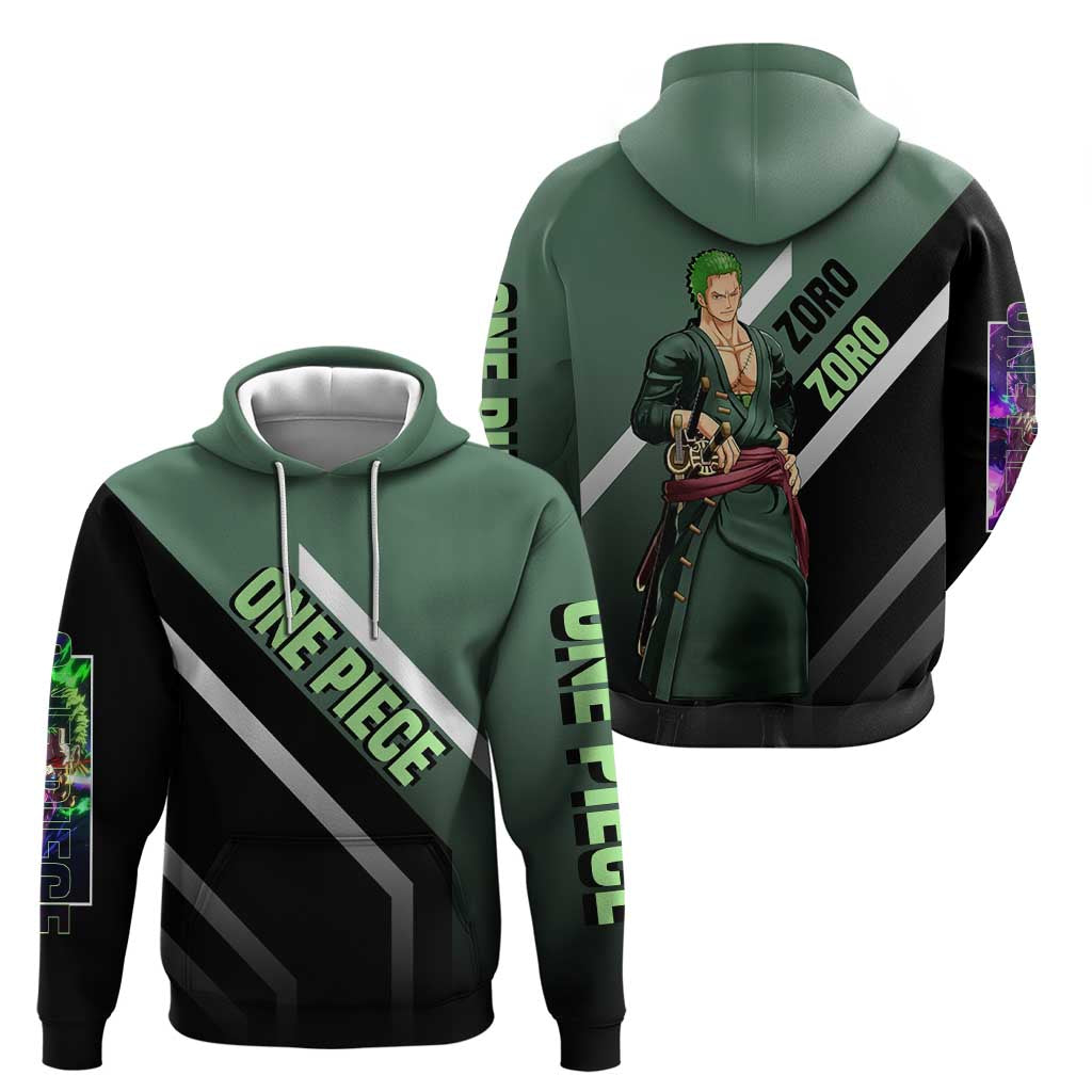 Roronoa Zoro One Piece Hoodie with Swords and Fierce Battle Pose Design - The Mazicc