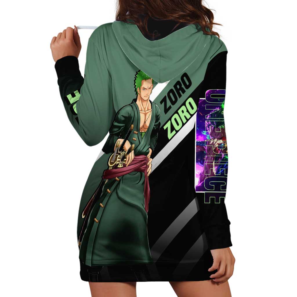 Roronoa Zoro One Piece Hoodie Dress with Swords and Fierce Battle Pose Design - The Mazicc