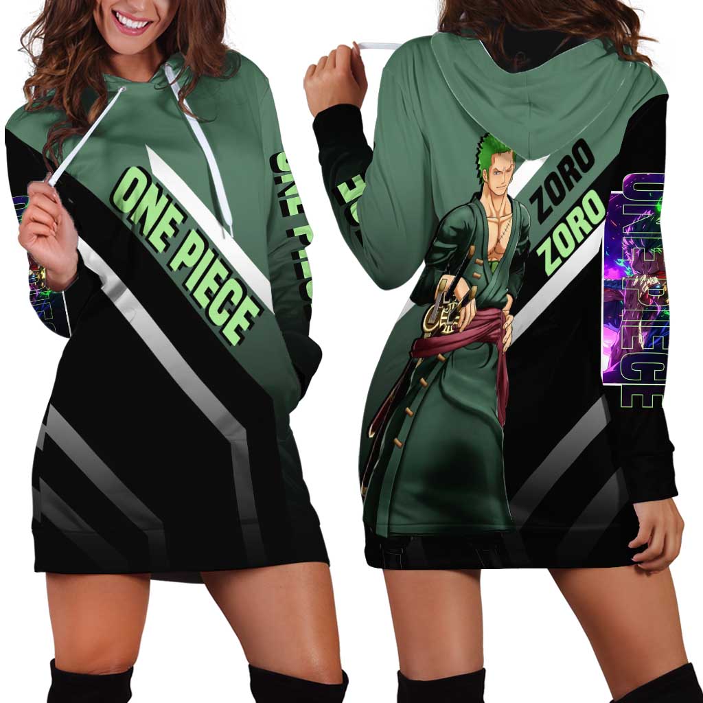 Roronoa Zoro One Piece Hoodie Dress with Swords and Fierce Battle Pose Design - The Mazicc