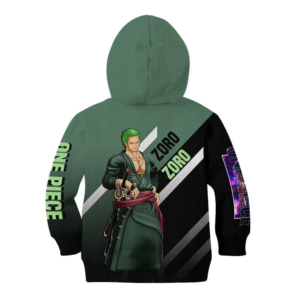 Roronoa Zoro One Piece Kid Hoodie with Swords and Fierce Battle Pose Design - The Mazicc