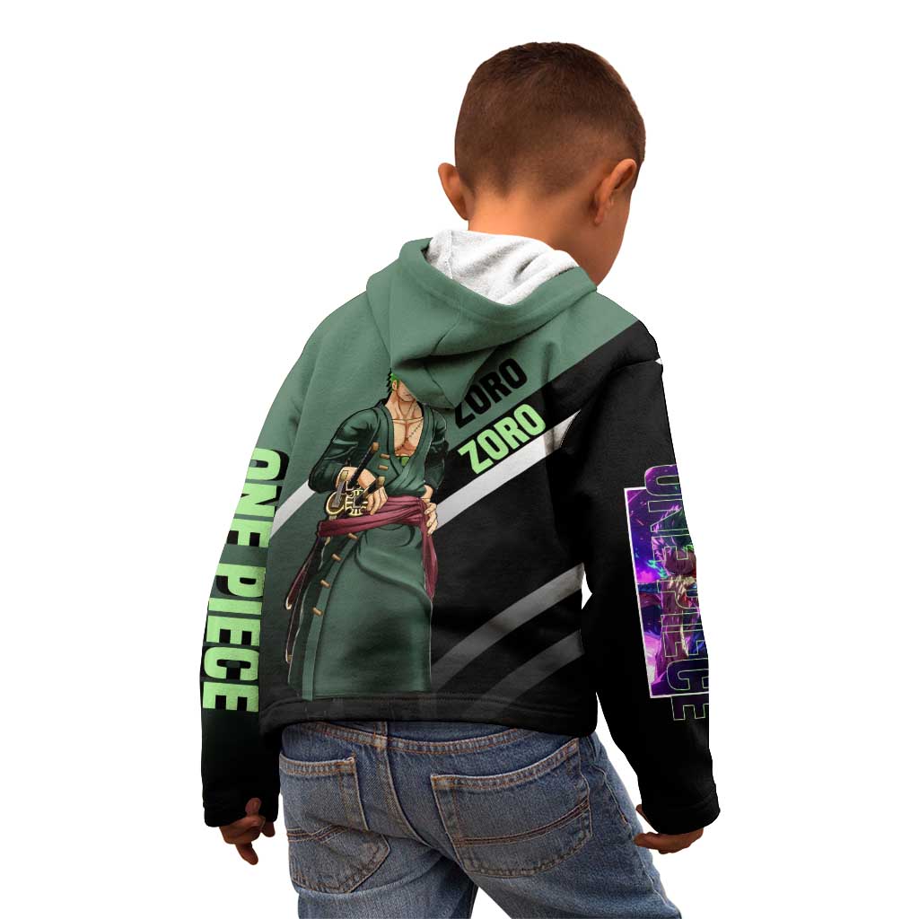 Roronoa Zoro One Piece Kid Hoodie with Swords and Fierce Battle Pose Design - The Mazicc