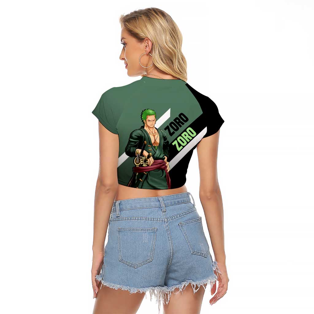 Roronoa Zoro One Piece Raglan Cropped T Shirt with Swords and Fierce Battle Pose Design - The Mazicc