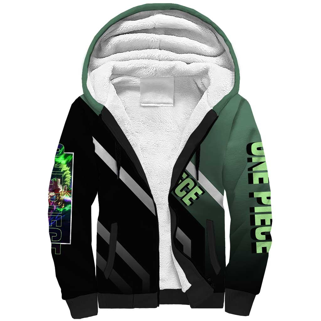 Roronoa Zoro One Piece Sherpa Hoodie with Swords and Fierce Battle Pose Design - The Mazicc