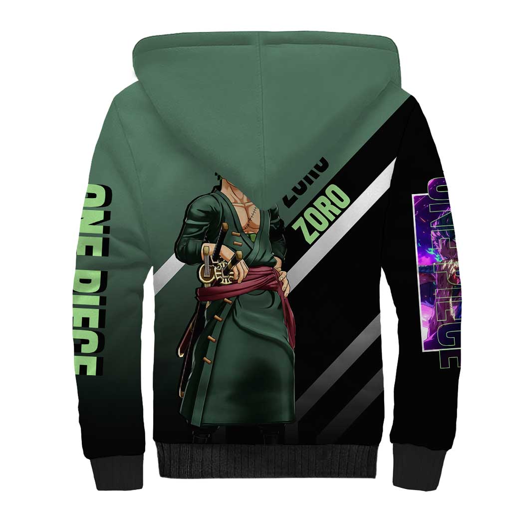 Roronoa Zoro One Piece Sherpa Hoodie with Swords and Fierce Battle Pose Design - The Mazicc