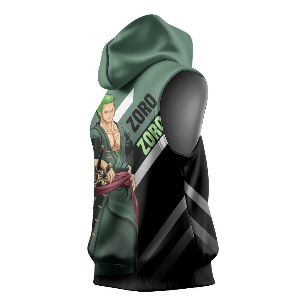 Roronoa Zoro One Piece Sleeveless Hoodie with Swords and Fierce Battle Pose Design - The Mazicc