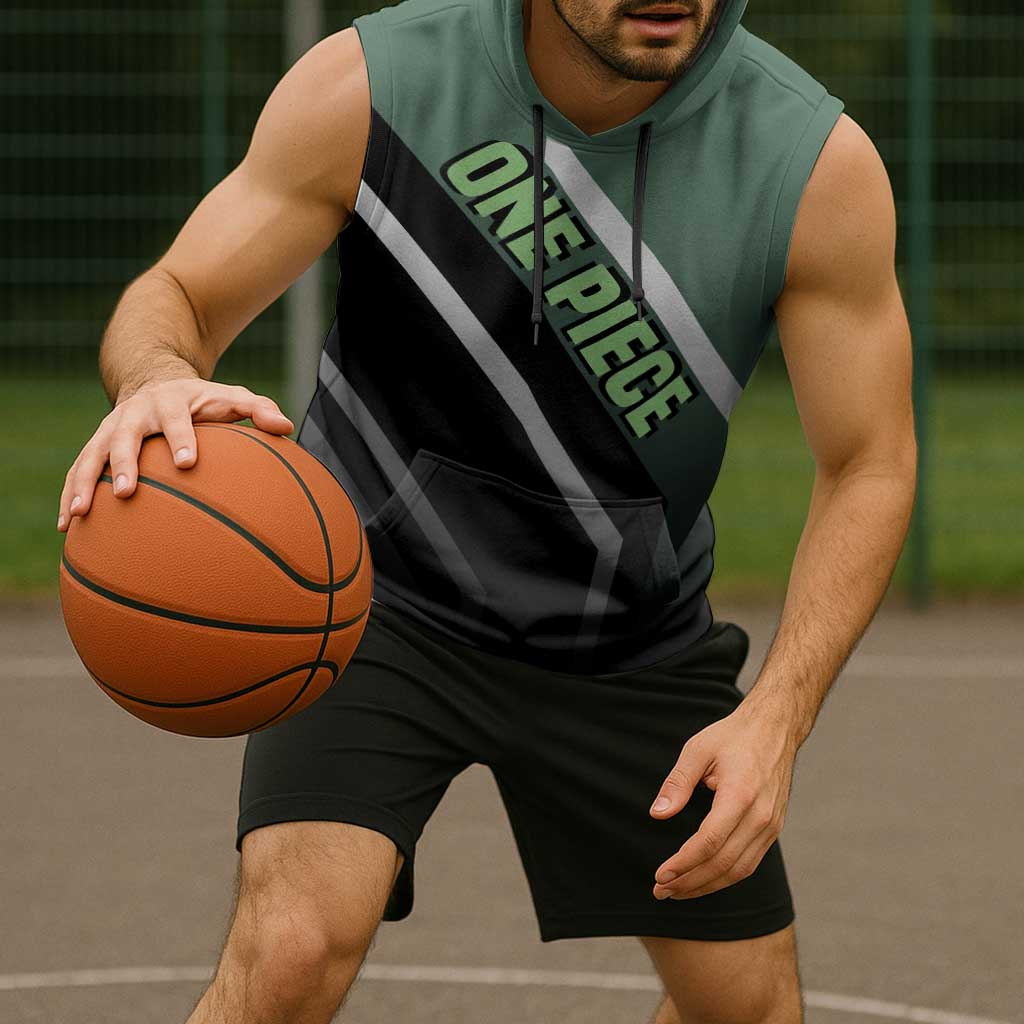 Roronoa Zoro One Piece Sleeveless Hoodie with Swords and Fierce Battle Pose Design - The Mazicc