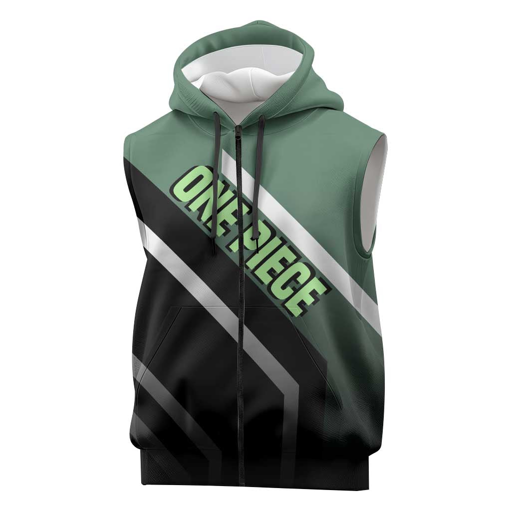 Roronoa Zoro One Piece Sleeveless Zip Hoodie with Swords and Fierce Battle Pose Design - The Mazicc
