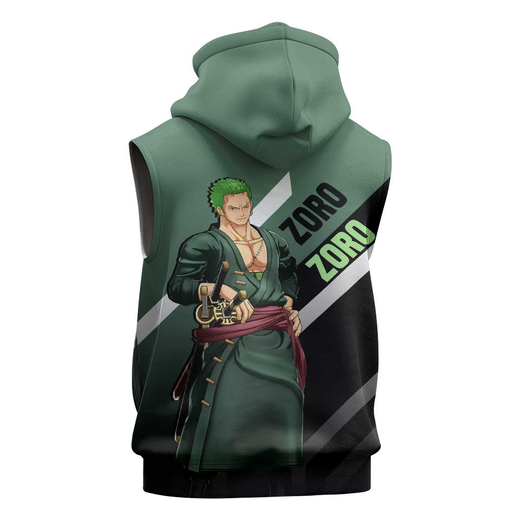 Roronoa Zoro One Piece Sleeveless Zip Hoodie with Swords and Fierce Battle Pose Design - The Mazicc