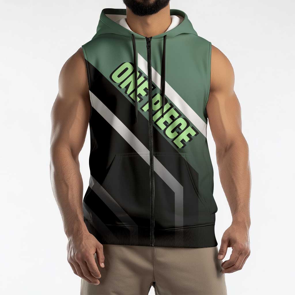 Roronoa Zoro One Piece Sleeveless Zip Hoodie with Swords and Fierce Battle Pose Design - The Mazicc