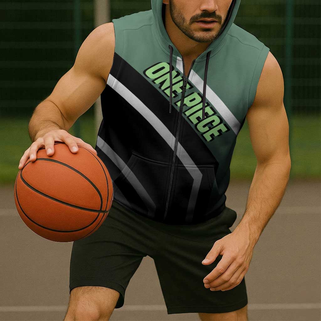 Roronoa Zoro One Piece Sleeveless Zip Hoodie with Swords and Fierce Battle Pose Design - The Mazicc