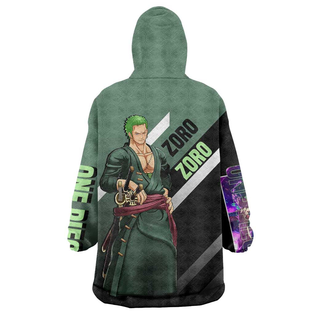 Roronoa Zoro One Piece Wearable Blanket Hoodie with Swords and Fierce Battle Pose Design - The Mazicc