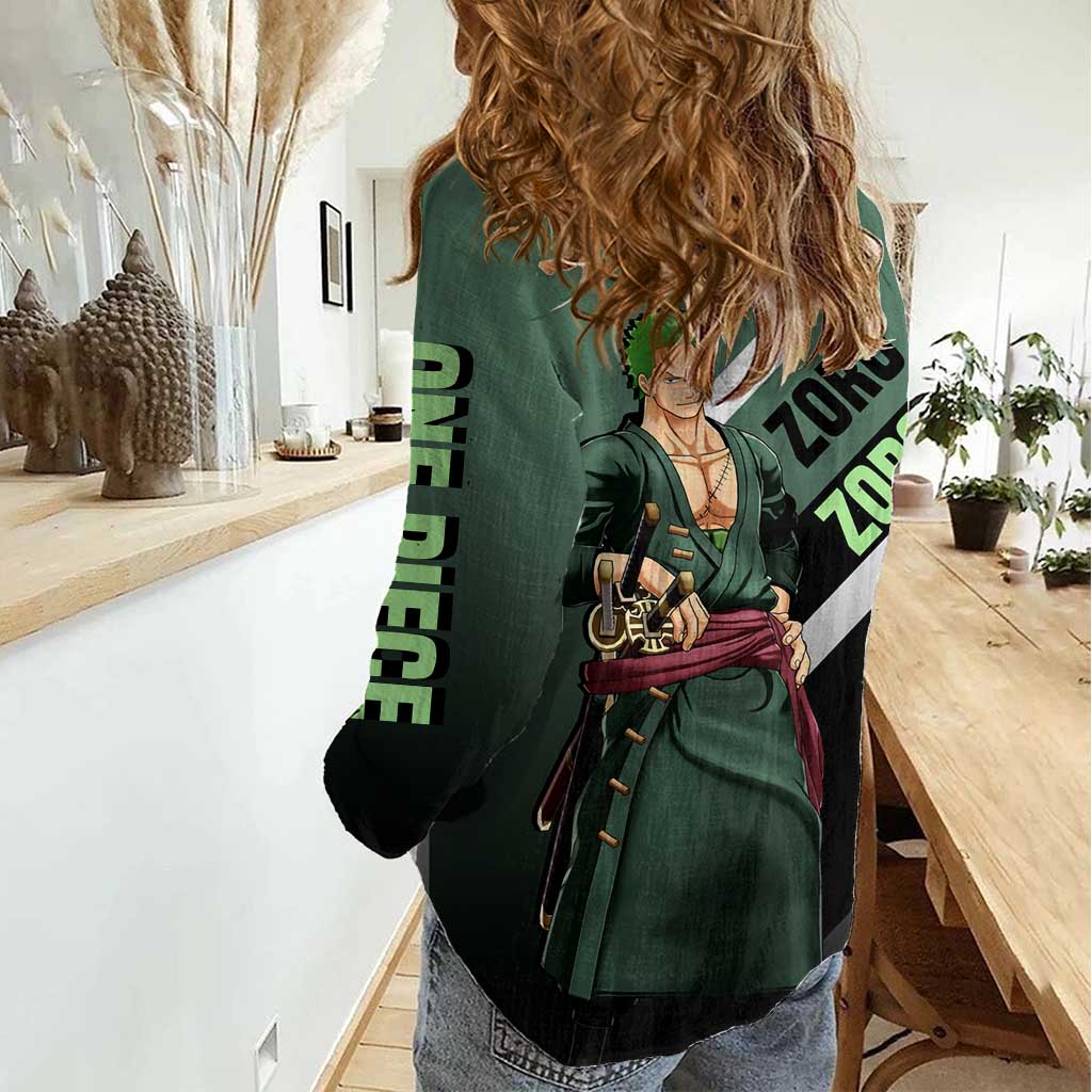 Roronoa Zoro One Piece Women Casual Shirt with Swords and Fierce Battle Pose Design - The Mazicc
